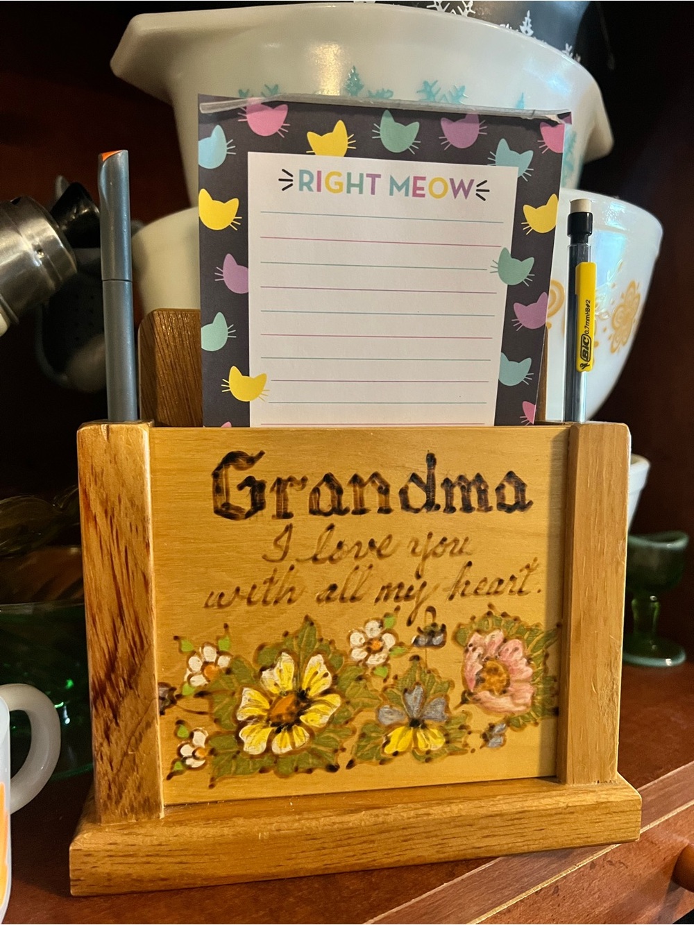 Grandma Floral Desk Organizer Note Holder - Holds Pad and Pens